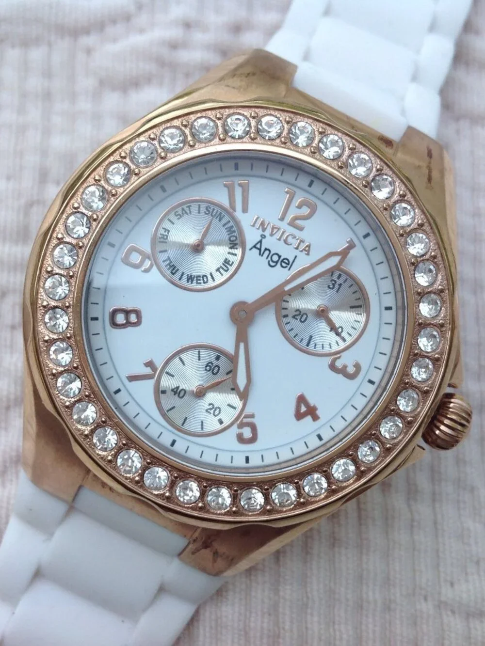 Invicta Angel Ladies Watch Rose Gold, Complications, White Band